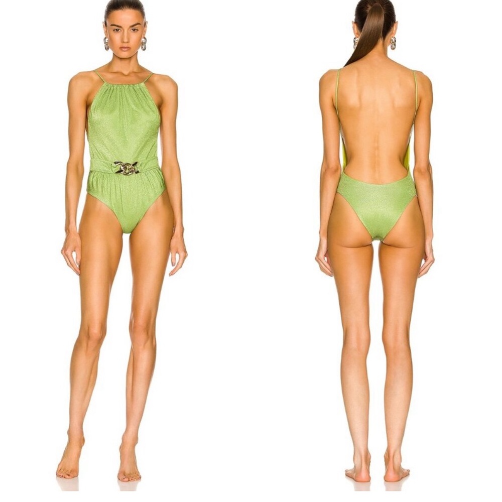Raisa Vanessa Halter Neck One Piece Swimsuit in Pistachio Green Glitter Size M